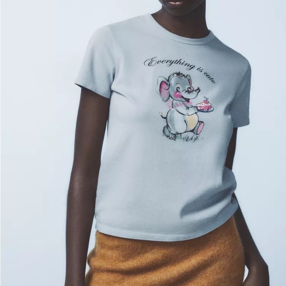 ZARA FADED EFFECT PRINT T SHIRT Gray T-Shirt with Elephant Graphic